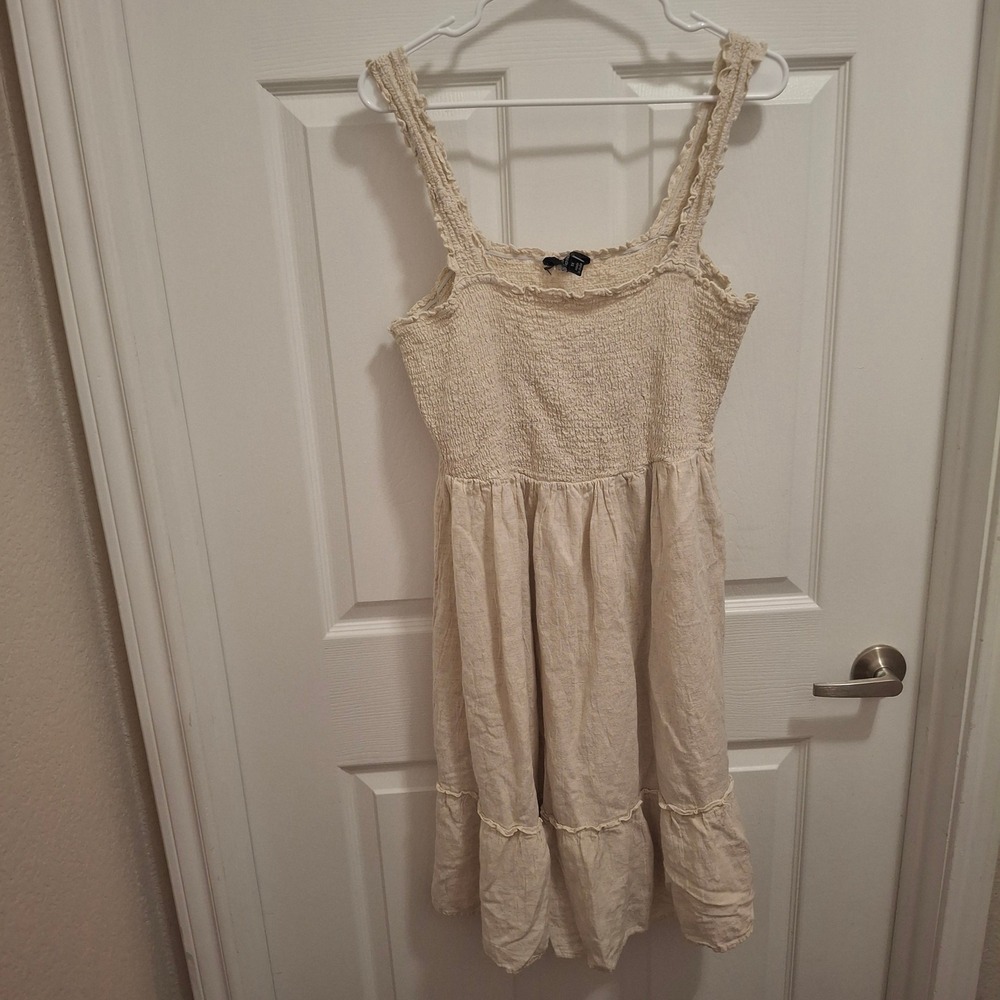 Mlle Gabrielle Women 1X Beige Smocked‎ Tiered Linen Blend Ruffle Strap Dress